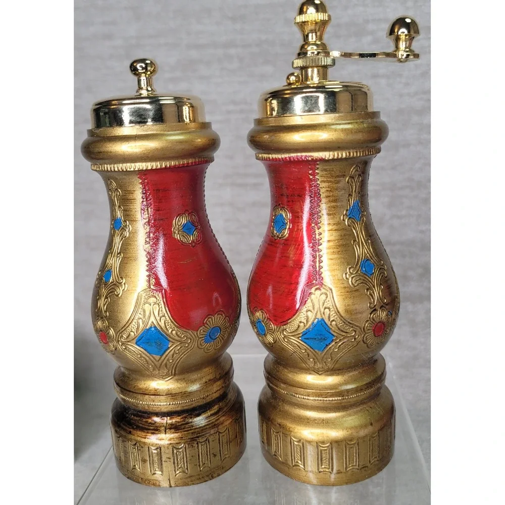 Vintage Italian Florentine Salt Pepper Mill Set Gold Red Blue Wood Grinder Box